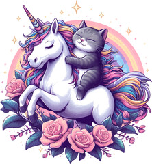 cute cartoon magic cat riding a unicorn in the clouds and rainbow