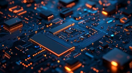 Fototapeta premium Futuristic Digital Network Circuit Board in Blue and Black