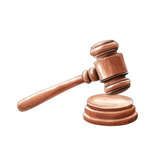 An illustration of a wooden gavel, symbolizing justice, law, and authority in legal proceedings. watercolor style