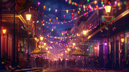 Vibrant Mardi Gras Street Scene with Party Lights