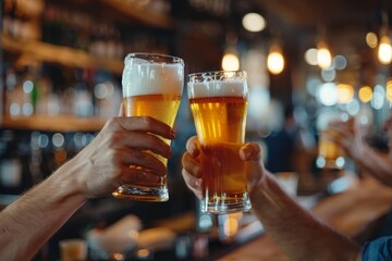 Joyful man celebrates with friend, toasting over cold beers at a lively bar atmosphere