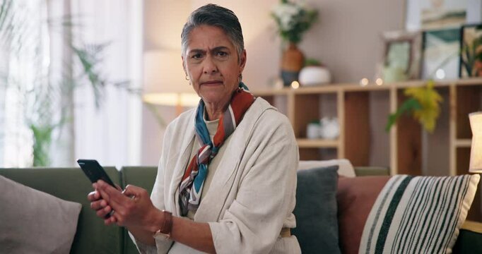 Face, scam or mature woman with phone on website notification in home with stress or crisis. Portrait, victim and upset person frustrated by mobile app, hacked pension fund or reading news in Mexico