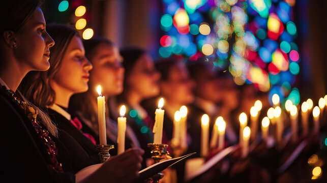 Christmas candlelight service in a church with choir singing and worshippers holding candles, creating a serene and sacred atmosphere