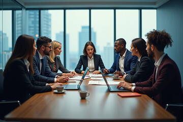 Diverse business team discussing reports around conference table