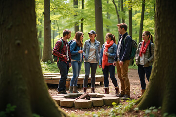 Diverse coworkers laughing together in forest team building exercise