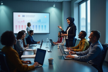 Diverse group attending virtual corporate event in modern conference room