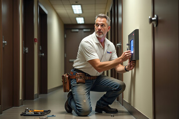 Locksmith installing security system in commercial building hall