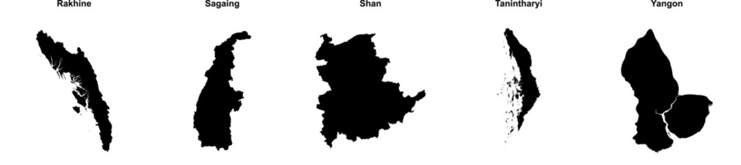 Rakhine, Sagaing, Shan, Tanintharyi, Yangon outline maps