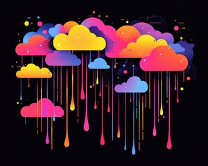 Flat color vector of abstract clouds with paint drips on black background.