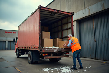 Rusty Red Delivery Truck Unloading Boxes at Warehouse