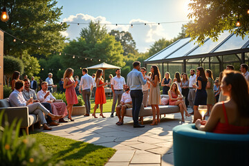 Summer corporate event in lush garden with marquee