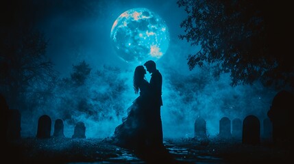 Fototapeta premium A silhouetted couple stands in front of a blue moon and a foggy graveyard.