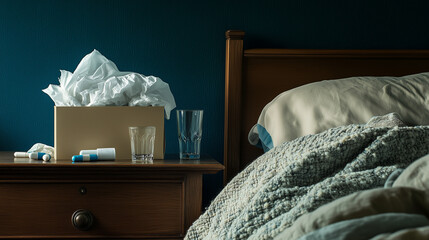 A cluttered nightstand with crumpled tissues, a box of tissues, medicine, and a glass of water. It sits next to a cozy bed with blankets, reflecting a comforting yet unwell atmosphere.