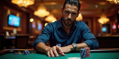 A confident gambler focused on his strategy at a poker table, showcasing the intensity and thrill of high-stakes gaming in a luxurious casino setting.