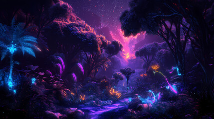 Surreal alien jungle with bioluminescent trees and vibrant glowing flora, illuminated with neon purple, blue, and pink hues, creating a mystical and otherworldly atmosphere