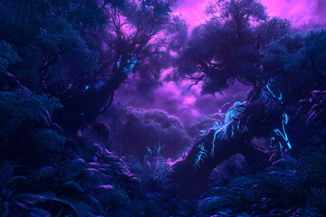 Obraz premium Surreal alien jungle with bioluminescent trees and vibrant glowing flora, illuminated with neon purple, blue, and pink hues, creating a mystical and otherworldly atmosphere