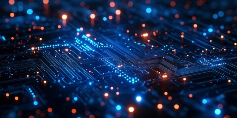 Futuristic Digital Network Circuit Board in Blue and Black