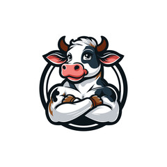 Cow mascot logo. Vector illustration of a cow with crossed arms.