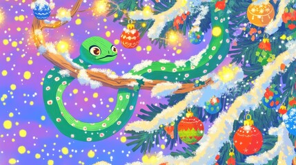  Illustration for a greeting or postcard for the new year 2025 of the female green wood snake