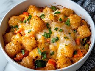 Fototapeta premium Cheesy Minnesota tater tot hotdish with a golden crust, perfect for comfort food dinners