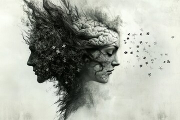 Brain tissue studies Cognitive genius Artistic profile of a woman with disintegrating facial features symbolizing the fragility and loss of identity within complexities of the mind