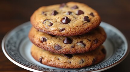 A stack of three freshly baked chocolate chip cookies on a white plate.