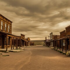 Obraz premium Classic wild west town with vintage buildings, deserted streets, and a warm sunset casting long shadows, creating a timeless scene reminiscent of historic American frontier settlements.