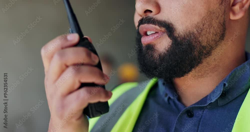 Aufkleber radio, contractor and hands with man on construction site for project management, property developme