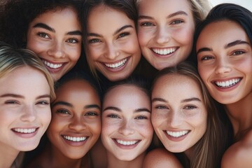 A group of young women from different ethnicities shares bright smiles, symbolizing the strength of friendship and the beauty of diversity.