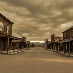 Fototapeta premium Classic wild west town with vintage buildings, deserted streets, and a warm sunset casting long shadows, creating a timeless scene reminiscent of historic American frontier settlements.