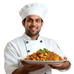 Smiling Indian Chef. Cut out, white background, png.