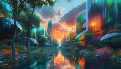 Obraz premium Futuristic Cityscape with Reflective Buildings and Water Reflections at Sunset
