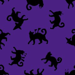 Halloween animals seamless cats and pumpkins pattern for wrapping paper