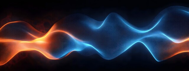 Fototapeta premium Sound waves with glowing neon lines on a dark background, 2D illustration style, in the style of blue and orange colors