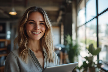 Confident Young Businesswoman Holding Tablet in Stylish Modern Office Environment


