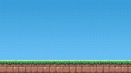pixel art retro game level, 8 bit 2d video game background, pixel template. stones, grass and blue sky. Vector illustration © hiten666