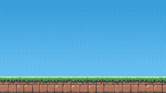 pixel art retro game level, 8 bit 2d video game background, pixel template. stones, grass and blue sky. Vector illustration