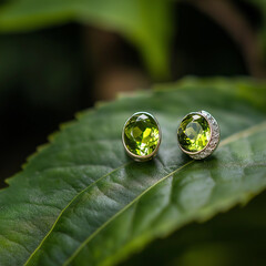 Green sparkly peridot stud earrings sitting on a green leaf, nature and jewelry scene
