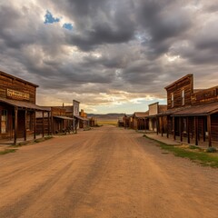 Obraz premium Classic wild west town with vintage buildings, deserted streets, and a warm sunset casting long shadows, creating a timeless scene reminiscent of historic American frontier settlements.