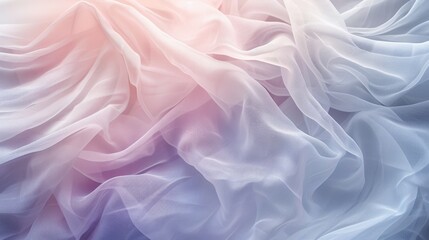 Fototapeta premium Close-up of delicate, wavy, translucent fabric creating abstract patterns. The soft pink and blue hues blend seamlessly, evoking a calming and ethereal atmosphere, ideal for background or texture use.