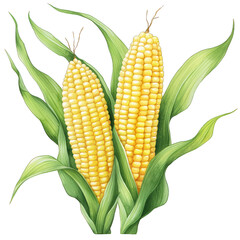A vibrant illustration of two ripe corn ears surrounded by green leaves, showcasing fresh agricultural produce. watercolor style
