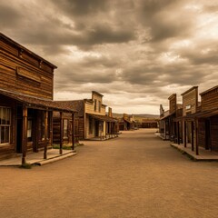 Obraz premium Classic wild west town with vintage buildings, deserted streets, and a warm sunset casting long shadows, creating a timeless scene reminiscent of historic American frontier settlements.