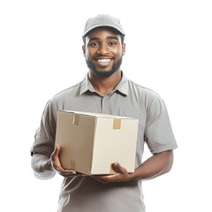 Deliveryman with box isolated on white background stock photo