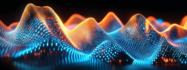 Sound waves with glowing neon lines on a dark background, 2D illustration style, in the style of blue and orange colors