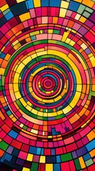 A vivid abstract composition features concentric geometric patterns in bright colors, creating a striking visual effect