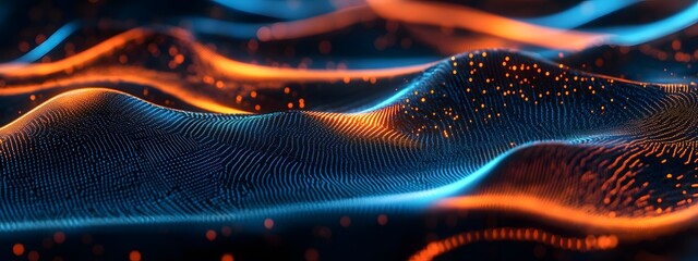 Sound waves with glowing neon lines on a dark background, 2D illustration style, in the style of blue and orange colors