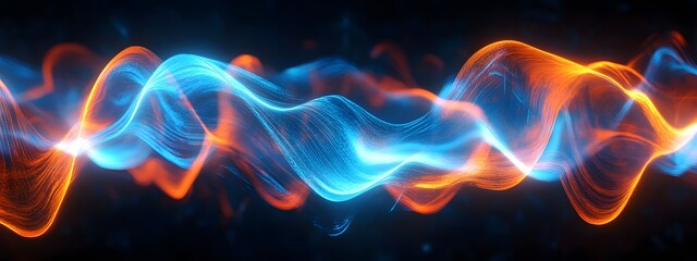 Sound waves with glowing neon lines on a dark background, 2D illustration style, in the style of blue and orange colors