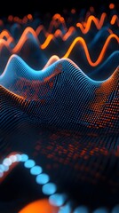 Sound waves with glowing neon lines on a dark background, 2D illustration style, in the style of blue and orange colors