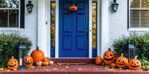 Obraz premium Front porch halloween decor. Festive exterior of a country house with pumpkins and lanterns