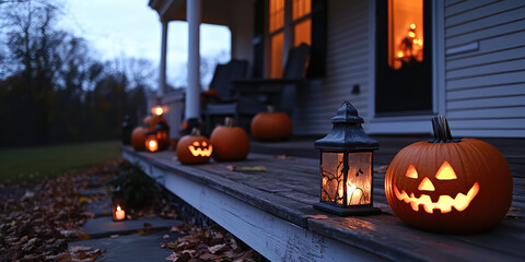 Front porch halloween decor. Festive exterior of a country house with pumpkins and lanterns